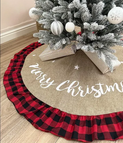 Falda de árbol de Navidad de 36 pulgadas de yute y orilla a cuadros de búfalo, decoración para una feliz fiesta de Navidad, falda de árbol de
