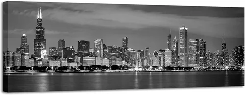 Wieco Art - Skyline del Centro de Chicago en Blanco y Negro, Impresiones en Lienzo de Arte Moderno de Paisaje Urbano para Decoración de Pared,