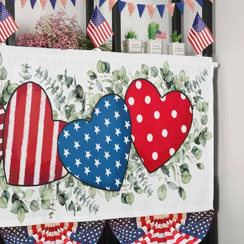 Miniatura 6 de Cortina de cenefas para el 4 de julio, diseño de corazón y bandera americana, cortina patriótica para ventanas de cocina, rojo, blanco y azul
