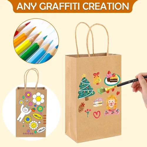 Miniatura 6 de XPCARE 200 piezas Bolsas de regalo de papel 13,3 x 8,2 x 20,9 cm, bolsas de papel kraft marrón con asas para envolver regalos, bolsas de papel al