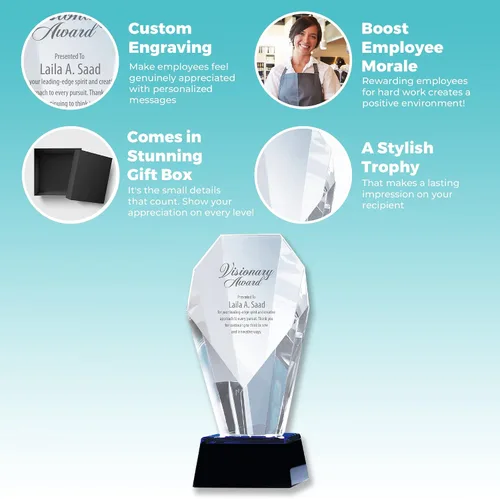 Miniatura 5 de Baudville Trofeo de cristal grabado con acento azul – Pequeño – Grabado personalizado de hasta tres líneas y selección de versos preescritos – Viene