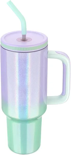 Miniatura 9 de Zukro - Vaso de 40 oz con asa y pajita, tapa roscada con orificio ancho para pajita, taza de acero inoxidable aislada que cabe en el portavasos