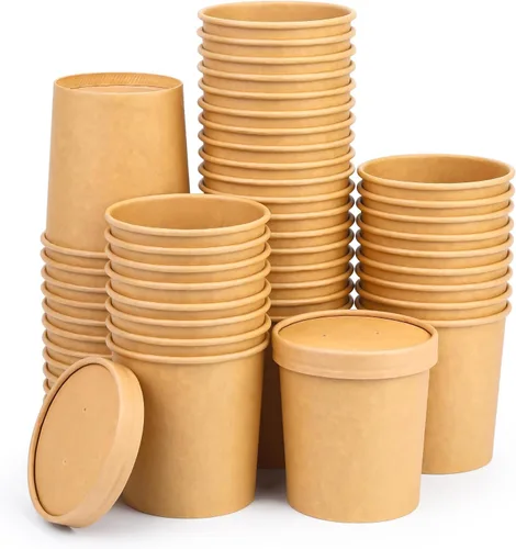 Miniatura 11 de Paquete de 25 recipientes de sopa de 8 onzas con tapas, taza de sopa de papel desechable, recipientes de papel para alimentos con tapas, recipiente