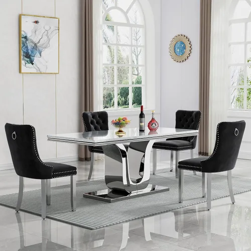 Miniatura 32 de Juego de mesa de comedor de mármol de lujo de 70 pulgadas para 4, juegos de mesa de cocina blanco y dorado para 4, mesa de comedor moderna de mármol