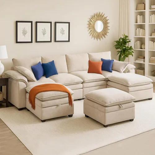 Miniatura 25 de Sofá Seccional Modular en Forma de L de 100", Sofá con Almacenamiento Otomano, Sofá Nube de Chenilla con Asientos Profundos y Mullidos para Sala