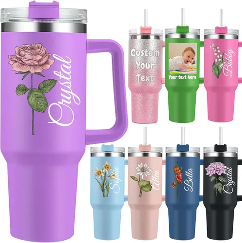 Birth Flower - Vaso personalizado con asa y nombres, taza de viaje personalizada de 40 onzas, tazas de viaje de acero inoxidable con aislamiento