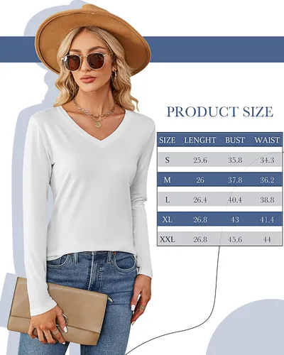 Miniatura 7 de Ficerd Paquete de 2 camisetas con cuello en V para mujer, manga corta o larga, camisetas básicas de verano casuales con dobladillo sólido