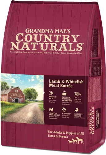 Grandma Mae's Country Naturals Alimento seco para perros, cordero, pescado blanco y arroz integral, cocción lenta y rica en nutrientes, fabricada en