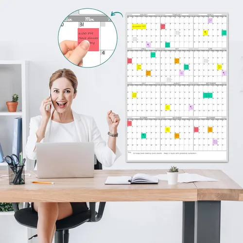 Miniatura 6 de Calendario de pared grande de borrado en seco, calendario de pared anual sin fecha en blanco, pizarra blanca de 38 x 26 pulgadas, planificador