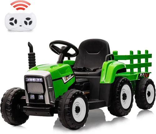 Nasitip - Tractor eléctrico de 12V con batería, con remolque, vehículo de paseo para niños con control remoto/7 faros LED/cambios de marcha Azul