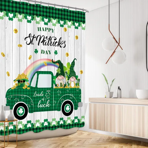 Miniatura 2 de AMBZEK Cortina de ducha del día de San Patricio, 60 pulgadas de ancho x 72 pulgadas de largo, tréboles verdes, trébol, lindo gnomo, rústico, camión