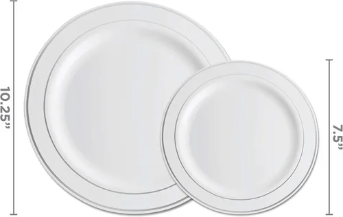 Miniatura 3 de Munfix Juego de 100 platos de plástico plateado, 50 piezas de cena de 10.25 pulgadas y 50 platos de postre de plástico de 7.5 pulgadas, elegantes