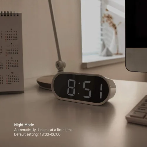 Miniatura 5 de mooas Reloj despertador digital Pop Mirror, reloj de escritorio LED rosa con luz nocturna, repetición, temperatura, funciona