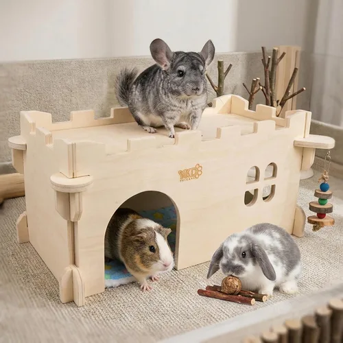 Miniatura 6 de Casa Castle Chinchilla, Refugio para Animales Pequeños para Chinchilla, Conejillo de Indias, Erizo o Rata, Cabaña de Madera Ventilada para Conejillo