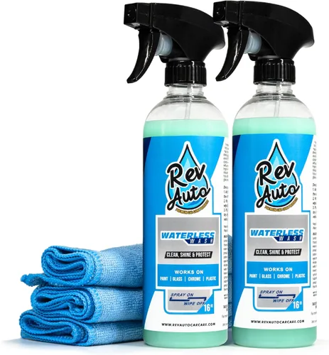 Rev Auto Kit de lavado de coche sin agua – Limpia vehículos sin fuente de agua/incluye dos limpiador en aerosol de lavado sin agua de 16 onzas y