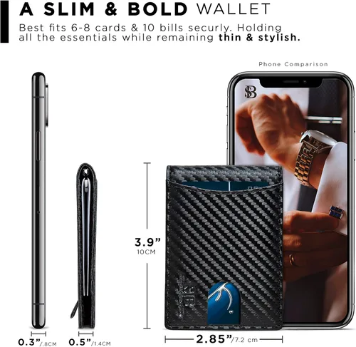Miniatura 88 de SERMAN BRANDS - Billetera sencilla de cuero genuino con bloqueo RFID para hombre, billetera delgada con bolsillo frontal y clip para dinero