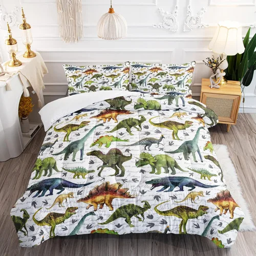 BailiPromise Jurassic Dino - Juego de edredón de 3 piezas, tamaño individual, edredón para niños con fundas de almohada, para todas las estaciones,