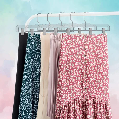 Miniatura 6 de Perchas transparentes de alta calidad para pantalones de 14 pulgadas con clips ajustables, paquete de 12 perchas para faldas que ahorran espacio