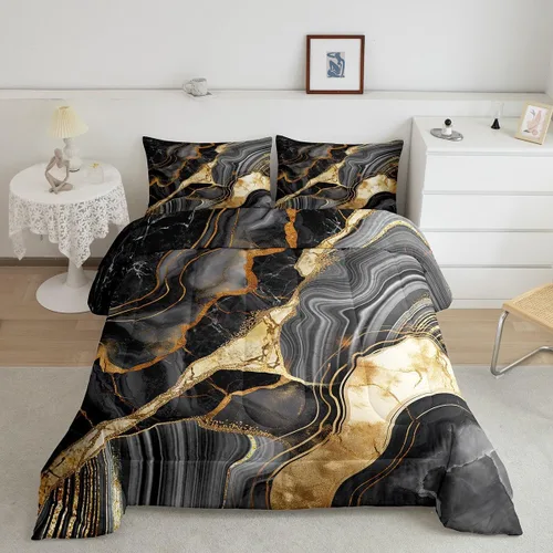 Juego de edredón de mármol negro individual, ropa de cama dorada agrietada para adultos, hombres y mujeres, juegos de edredón de textura metálica