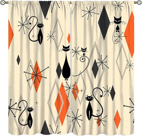 Cortinas opacas con diseño de gato negro de mediados de siglo, estilo vintage de los años 50, diseño de gato negro, estrella atómica, moderno,