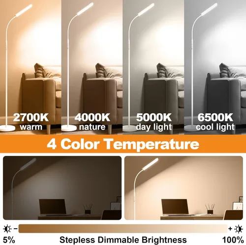 Miniatura 4 de Marctronic Lámpara de pie blanca, lámpara de pie LED brillante de 18W 1800LM para sala de estar dormitorio, lámpara de pie regulable con Blanco