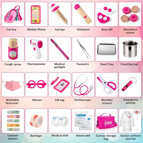 Miniatura 7 de Sundaymot Kit de Doctor para Niñas, 34 piezas juego de simulación, kit de Doctor para niños pequeños de 3 a 5 años, con bolsa médica, estetoscopio