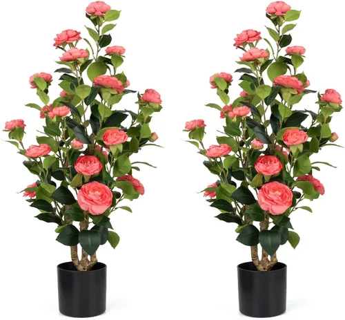Miniatura 20 de Romantic Season 2FT Orange Artificial Camellia Tree 2Pack, Faux Camellia Plant Fake Potted Camellia Flower Tree for Modern Home Office Living Room