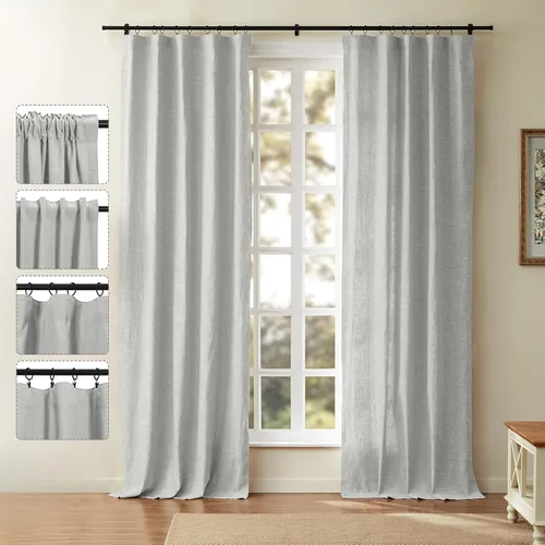 Miniatura 20 de ChadMade Cortina reductora de luz con bolsillo para barra, cortina de mezcla de lino y algodón para oficina, 96 pulgadas de largo, con pestaña Beige