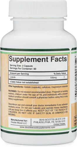 Miniatura 3 de Double Wood Supplements Suplemento de luteolina 100 mg porciones de flavanoides bioactivos (120 cápsulas, sin gluten) Potentes polifenoles