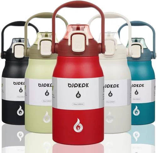 Miniatura 19 de BJPKPK - Botellas de agua aisladas con pajita, botellas de agua bonitas de 27 oz con asa, jarra de metal de acero inoxidable sin BPA, frascos 27 oz