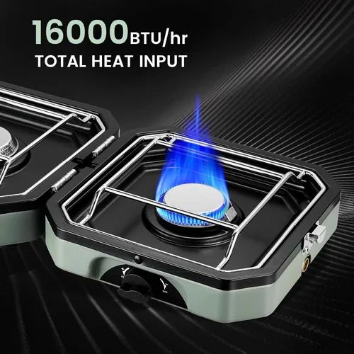 Miniatura 4 de Estufa de campamento de propano de 2 quemadores con parrilla, estufa portátil de propano de 16000 BTU con 2 quemadores ajustables e encendido