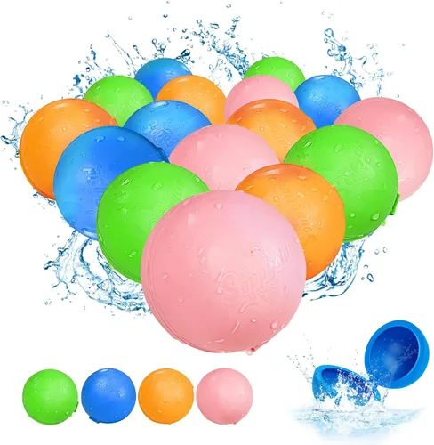 Globos de agua reutilizables: paquete de 16 bolas de agua recargables, autosellantes, de llenado rápido, juguetes de agua de silicona sin látex para