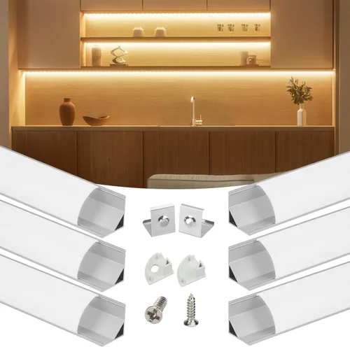 Muzata - Paquete de 6 canales LED en forma de V de 3.3 pies/1M, difusor de tira LED de aluminio plateado con cubierta blanca lechosa, esquinas