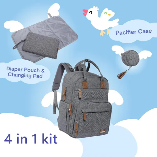 Miniatura 2 de iniuniu Mochila para pañales, kit 4 en 1, bolsas de bebé unisex grandes para niños y niñas, mochila de viaje impermeable con bolsa para pañales Gris