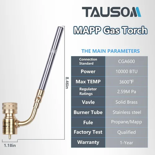 Miniatura 2 de Cabezal de Antorcha de Gas Propano Mapp Boquilla Giratoria 360°, Antorcha de Plomería Calor Ajustable Alimentada por Cartuchos de Propano Mapp Dorado