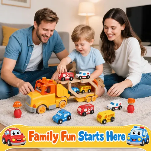 Miniatura 4 de Juguetes de autos para niños pequeños de 2, 3, 4, 5 años, juguete de camión transportador con 4 vehículos de madera, remolque de pista plegable