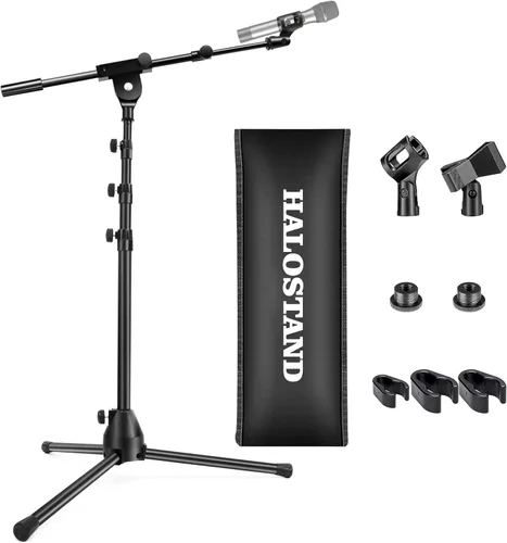 Soporte de micrófono plegable para el suelo, trípode resistente, brazo con 2 tornillos, 2 clips de micrófono, 2 fundas de espuma y bolsa de