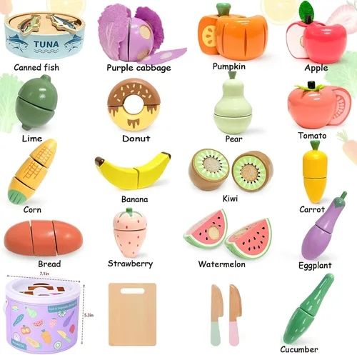 Miniatura 4 de WHOHOLL Juego de 42 piezas de comida de juego para jugar, accesorios de cocina, juguetes de madera para cortar alimentos, frutas y verduras