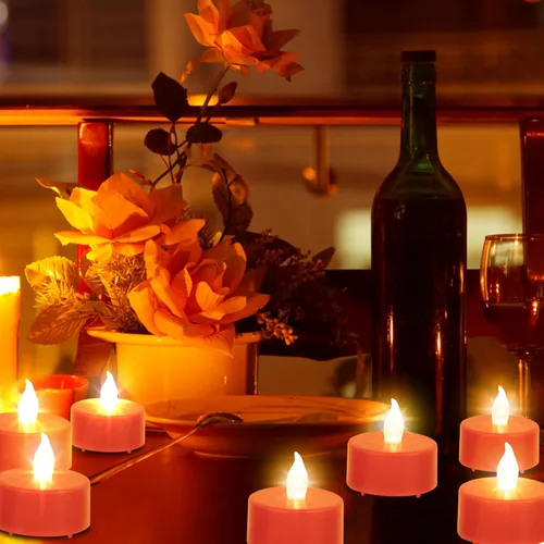 Miniatura 3 de Velas de té sin llama, velas operadas con pilas, paquete de 100 velas votivas parpadeantes LED rojas de larga duración, 200 horas, realistas y Rojo