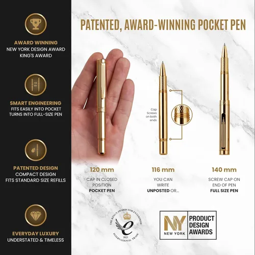 Miniatura 4 de Scriveiner Bolígrafo de punta redonda de oro pesado, galardonado bolígrafo de bolsillo de lujo con acabado chapado en oro, repuesto alemán Schmidt