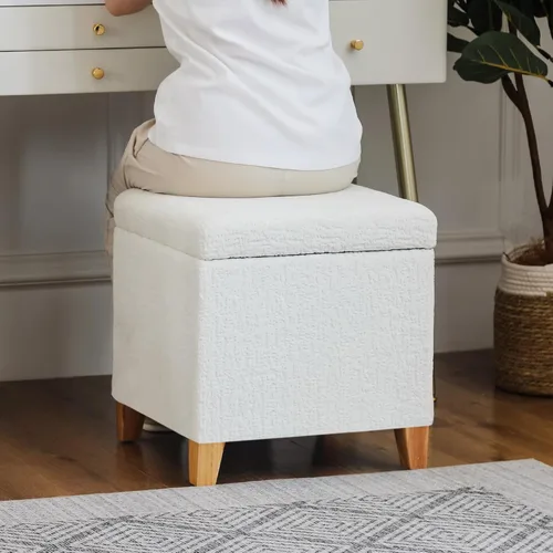 Miniatura 2 de Adeco Otomán Cubo de Piel Sintética Blanca de 18 Pulgadas de Alto con Almacenamiento, Taburetes Reposapiés de Silla de Terciopelo en Relieve 3D