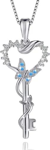 VANLAMS Collar de alas de ángel de plata esterlina S925 para mujer, colgante de corazón de amor con llave de mariposa, regalos de cumpleaños