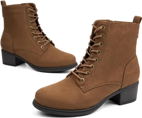 Miniatura 5 de VJH confort Botines de moda para mujer, tacón bajo, botines de combate gruesos con cordones y cremallera lateral