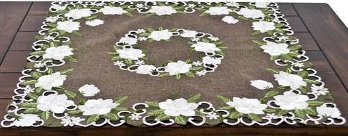 Miniatura 2 de Hermoso diseño floral de magnolia blanca y hojas verdes bordadas en lino de poliéster marrón (cuadrado de 33 pulgadas)