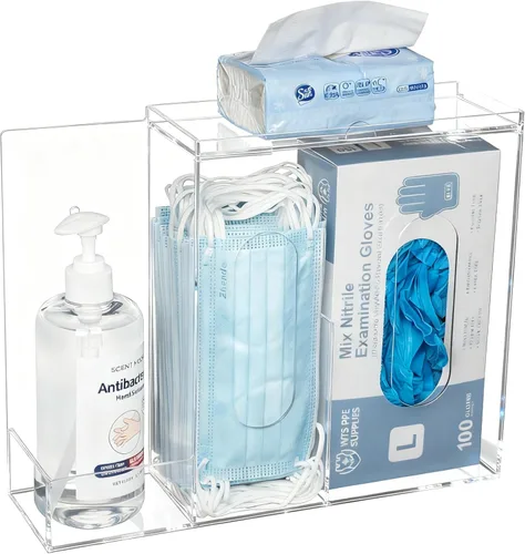 SEANADO Dispensador de mascarillas de acrílico con 3 compartimentos, estación de higiene para máscaras faciales desechables, bolsa de Emesis,