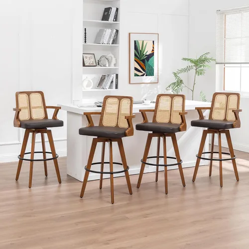 Miniatura 15 de Juego de 2 Taburetes de Mostrador - Taburetes Giratorios de 27 Pulgadas con Respaldo de Ratán, Brazos Curvos, Asiento Tapizado, Patas de Bambú Nogal
