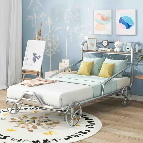 Miniatura 8 de Cama individual para automóvil con 4 ruedas, barandillas, estante de almacenamiento para niños, adolescentes, niños y niñas, marco de cama