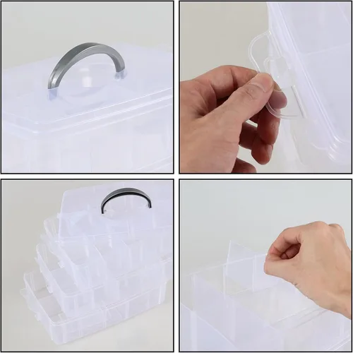 Miniatura 4 de Caja de almacenamiento apilable de 3 capas con 30 rejillas, caja organizadora de compartimentos transparentes para cuentas, cinta, tornillos