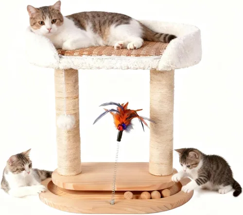 Miniatura 8 de Torre de árbol de madera 5 en 1 para gatos, torre de sisal natural de 16.5 pulgadas de alto con cama, juguete interactivo de plumas para gatos