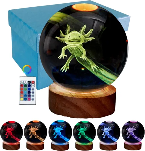 Miniatura 16 de Lámpara de bola de cristal 3D de Axolotl, lámpara de noche de bola de cristal mejorada de 3.15 pulgadas con 16 colores LED, base de madera, control